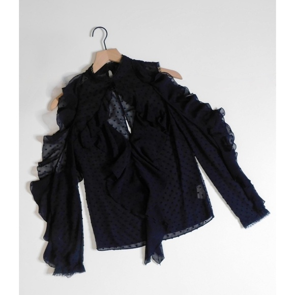 NICHOLAS Navy Blue Swiss Dot Cutout Cold Shoulder Top Blouse Ruffle Size 0 - Picture 3 of 15